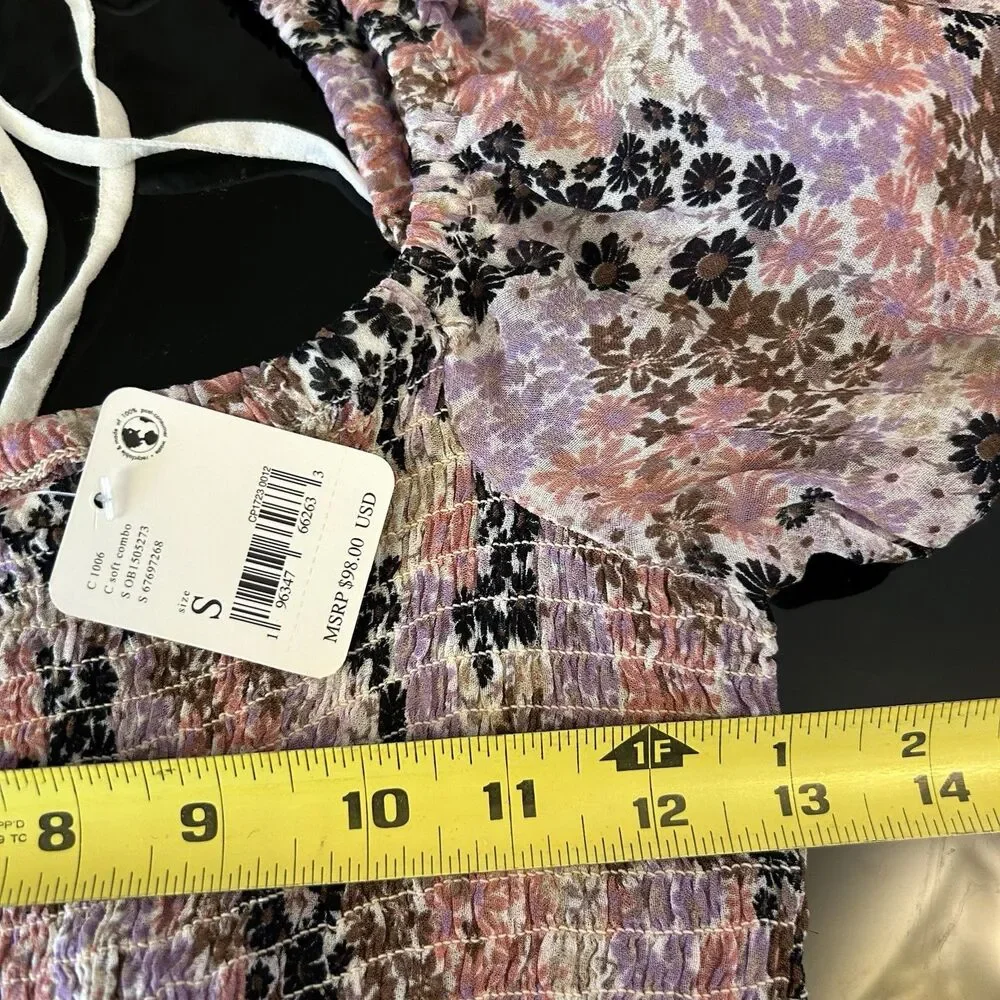 NEW Free People Back On Top Crop Smocked Shirt Blouse Puff Sleeve S Ditsy Floral